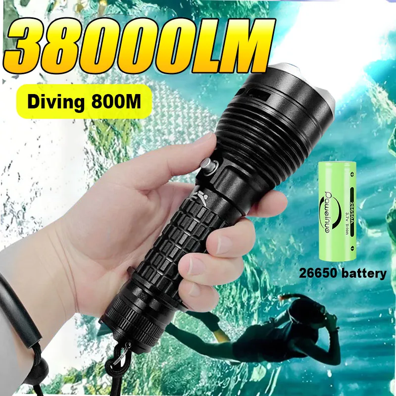 38000LM 800m Diving Flashlight XHP120 Professional Underwater Lantern Scuba Diving Torch IPX8 Waterproof Dive Light 26650