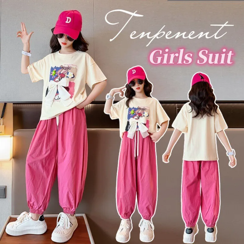 

Summer Girls Sweet 3D Patchwork T-Shirt Tops+Plain Drawstring Pant Sets School Kids 2PCS Tracksuit Child Jogging Outfits 5-16 Yr