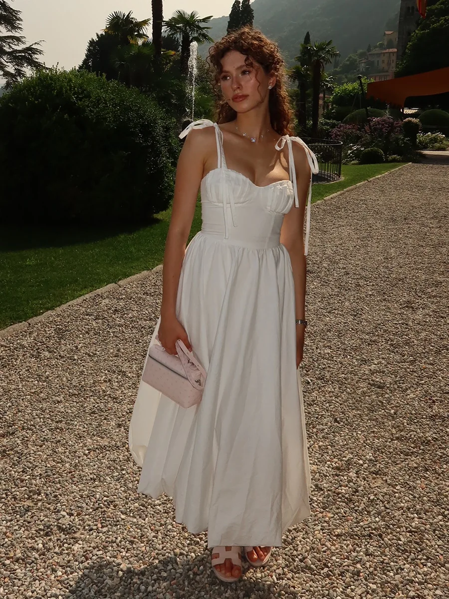 

White Cotton Casual A-line Maxi Dresses Women Sexy Folds Sleeveless Suspender Vestidos Summer Fashion Elegant Holiday Long Dress