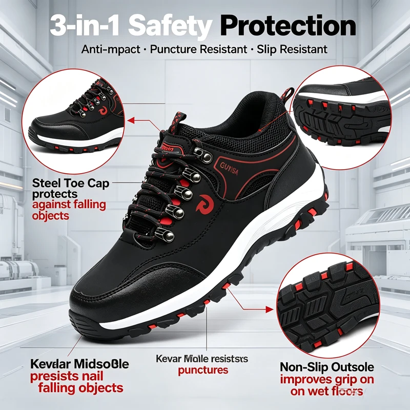 Four Seasons Men's Impact-Resistant and Puncture-Resistant Safety Shoes with Steel Toes for Construction Sites