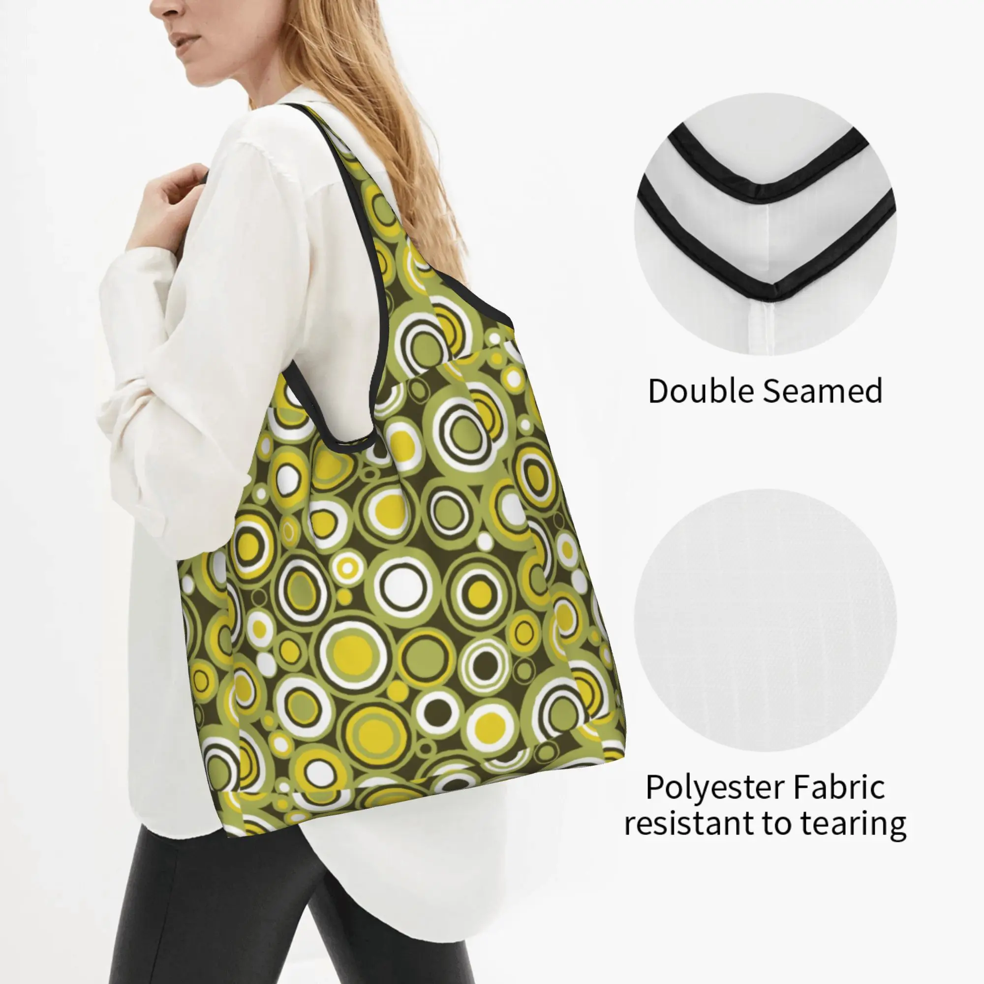 Custom Green Yellow And White Circle Retro Shopping Bag Women Portable Big Capacity Grocery Geometric Colorful Shopper Tote Bags