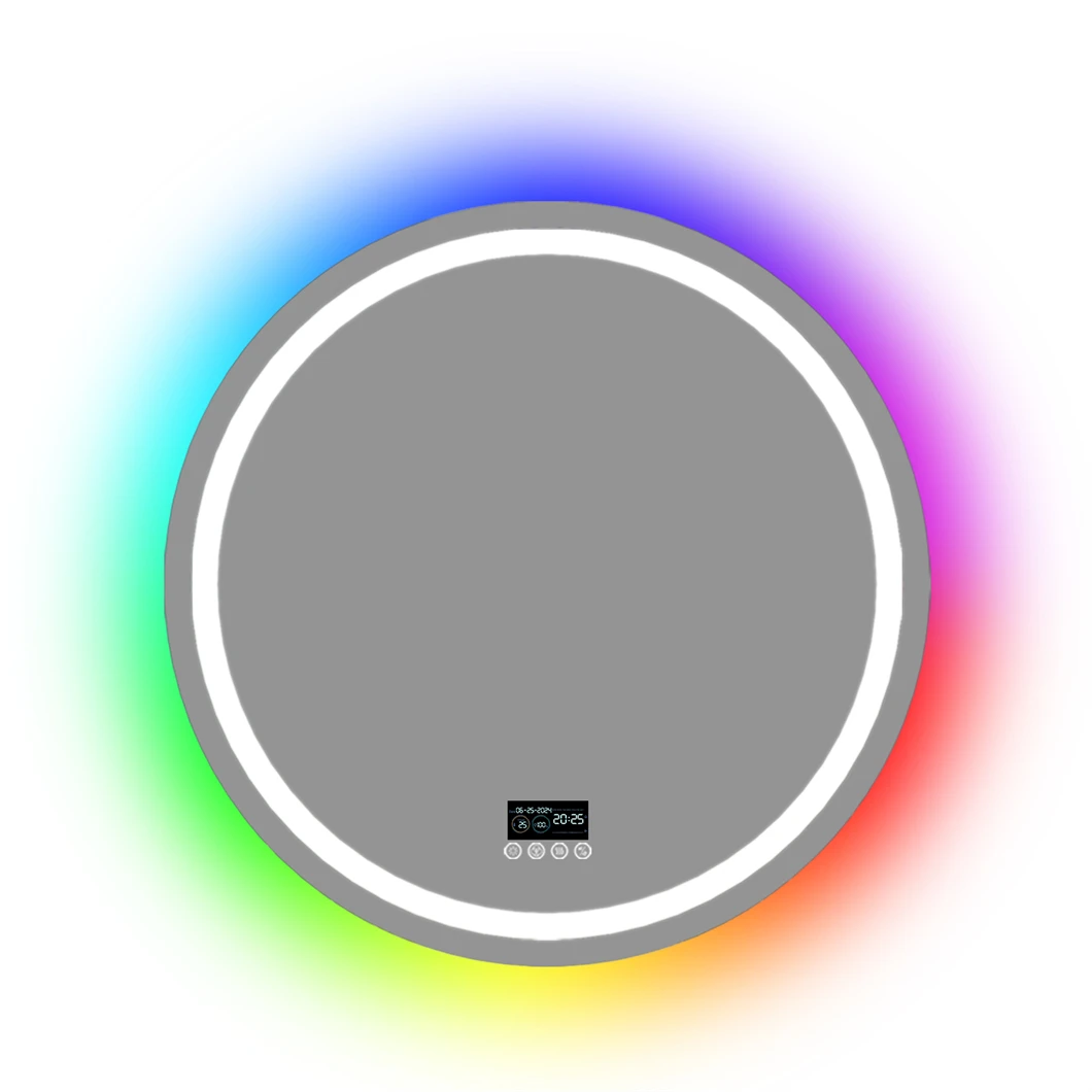 LED-Badezimmerspiegel Rund 800x800mm Wandspiegel Antibeschlag Bluetooth-Lautsprecher Helligkeitsspeicher Frontbeleuchtung & RGB-Hintergrundbeleuchtung