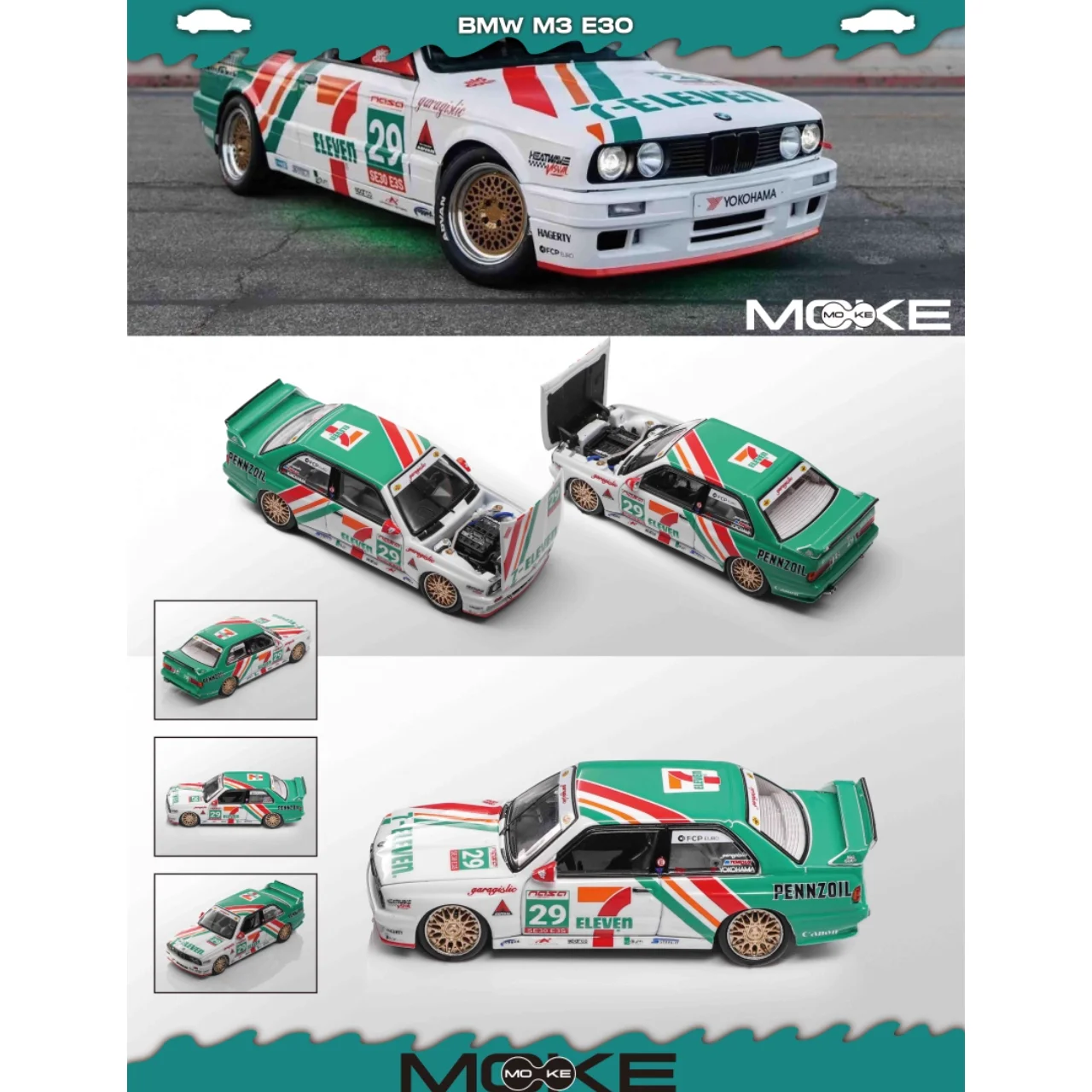 مورتال موك 1/64 بي ام دبليو M3 E30 1992 سبا 24 ساعة الفائز 7 أحد عشر # 29 واتسون هاتشيسون # 6 لعبة هدية للأطفال على شكل سيارة مصنوعة من خليط معدني #6