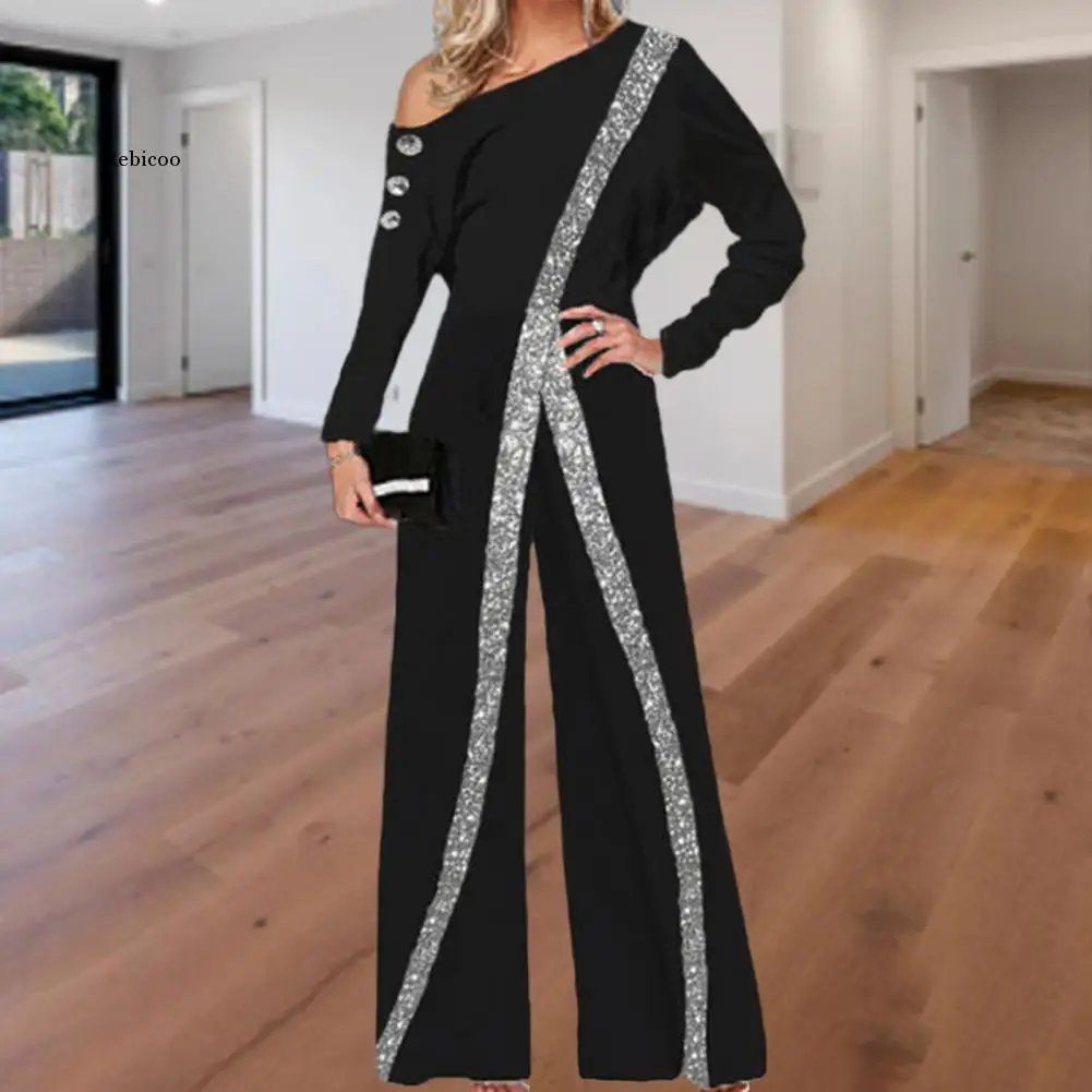 Jumpsuit Fashion Wanita Jumpsuit Payet Bergaris Dekoratif Romper Trendi Tekstur Lembut Longgar