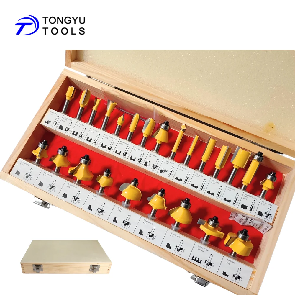 24Pcs  Wood Router Bit Set Tungsten Carbide Tipped with 1/4 Inch(6.35mm) Shank in Wood Box for Woodworking