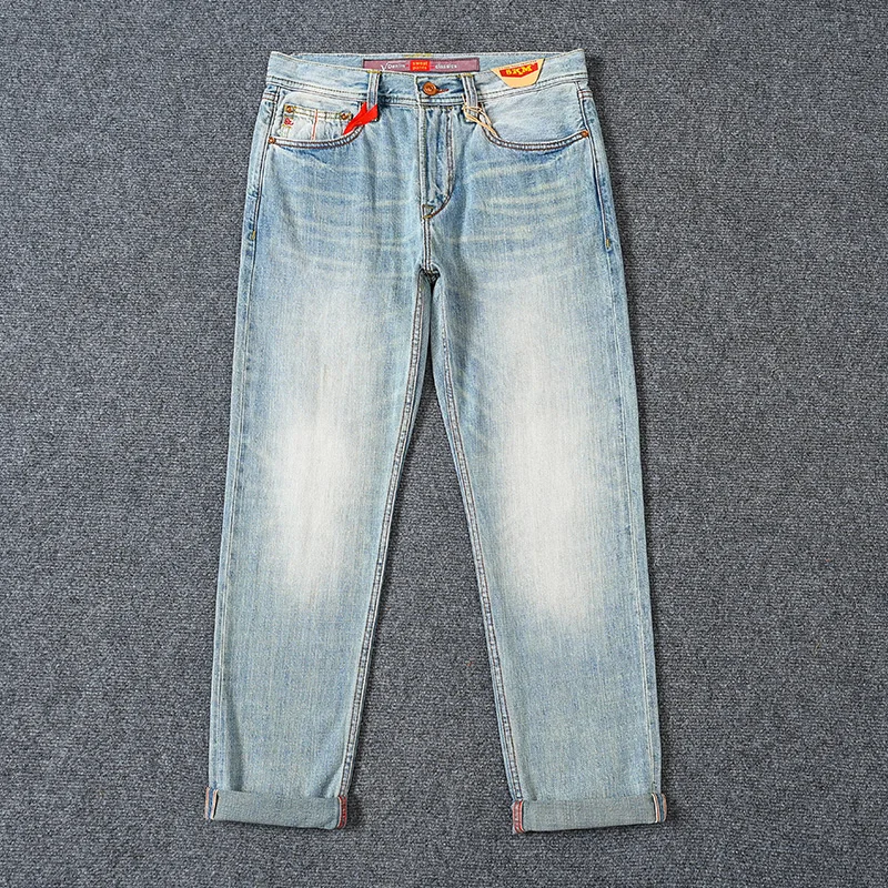 

Легкие красные джинсы с кромкой на 12 унций для мужчин, летние повседневные прямые зауженные серые брюки из 100% хлопка, стираные брюки 5 км