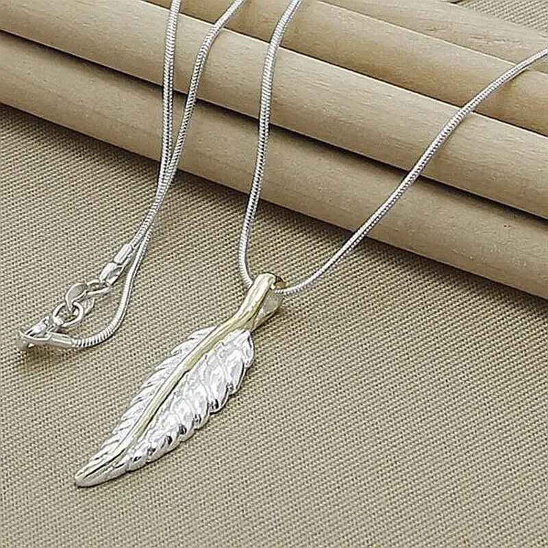 

CHUANGCHENG 925 Sterling Silver Feather Pendant Necklace Snake Chain Fashion Jewelry