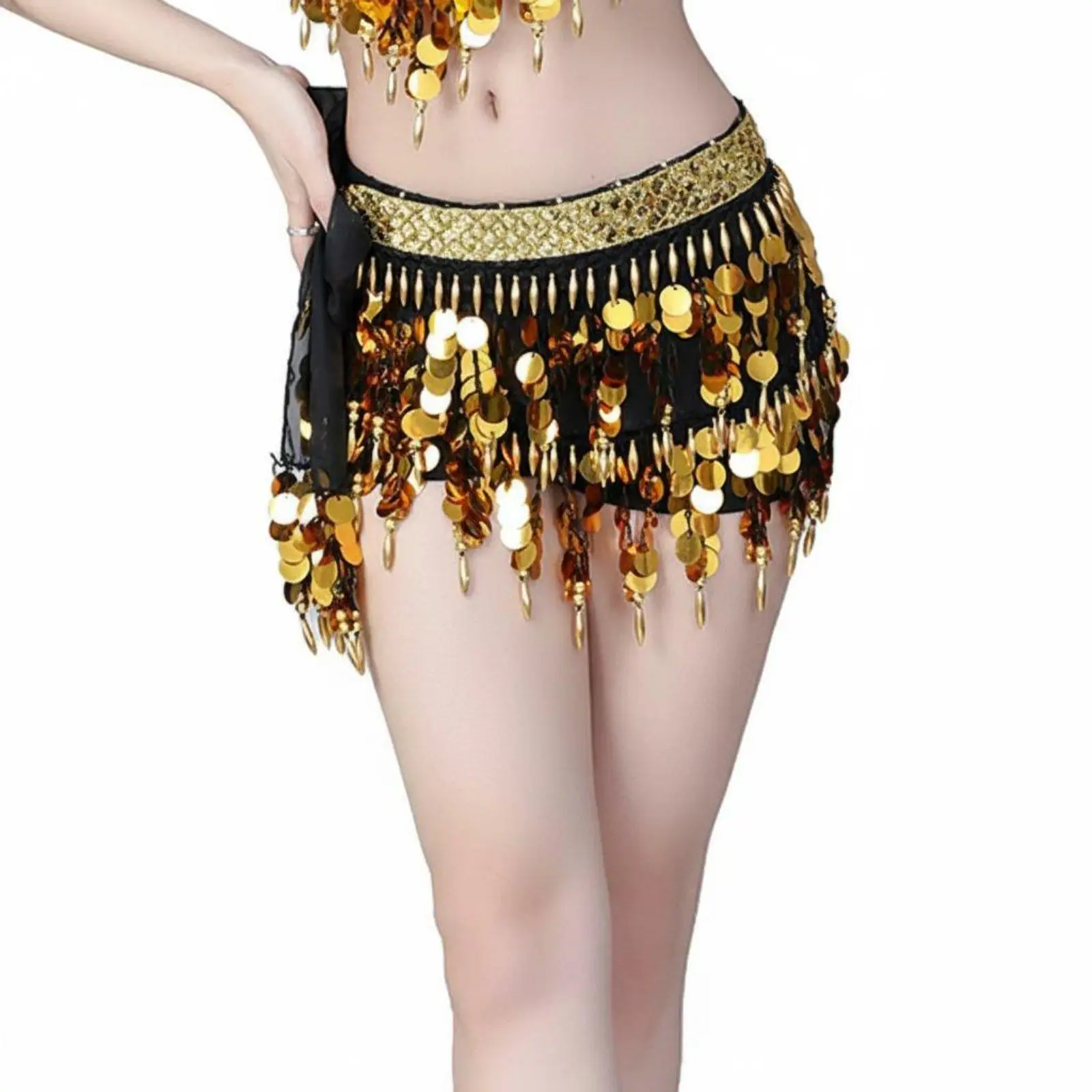 Belly Dance Hip Scarf Women Sequin Tassel Belt with Jingly Discs for Oriental Dance Practice Stage Performance Party Outfit
