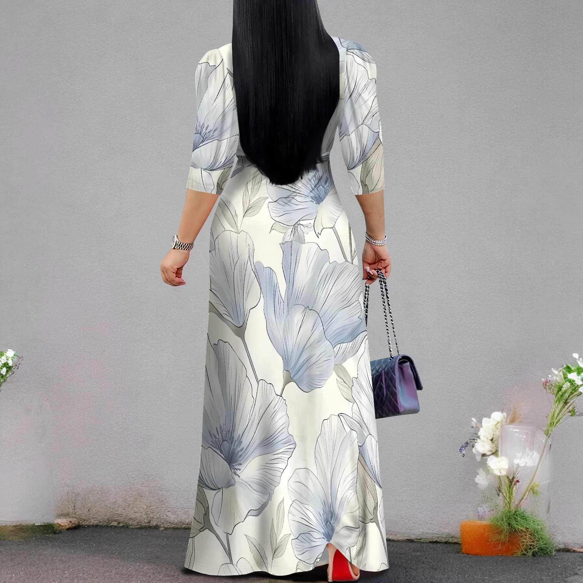 Women's Floral Polyester Regular Size 3/4 Sleeve Dress Faded Blue Party Evening