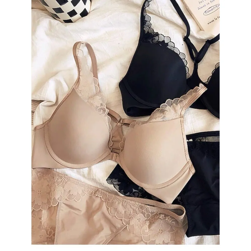 Women's Seamless Front Closure Bra Set 32‑38 Wire‑Free Push Up Brassiere Side Breast Collect Anti Sag Invisible Daily Underwear
