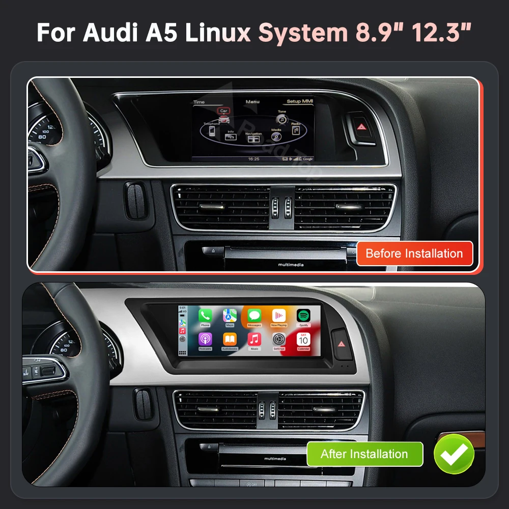 شاشة لينكس الوسائط المتعددة للسيارة مقاس 8.9 بوصة لأودي A5 2008-2016 مع CarPlay اللاسلكي Android Auto Airplay Autolink
