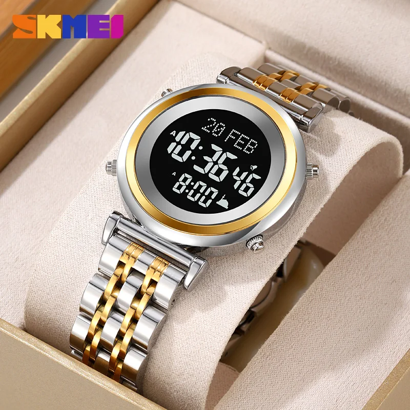 

SKMEI Men's Watch Fashion Digital Wristwatch with Qibla Name Display Pilgrimage Time Reminder Stainless Steel Original Clock