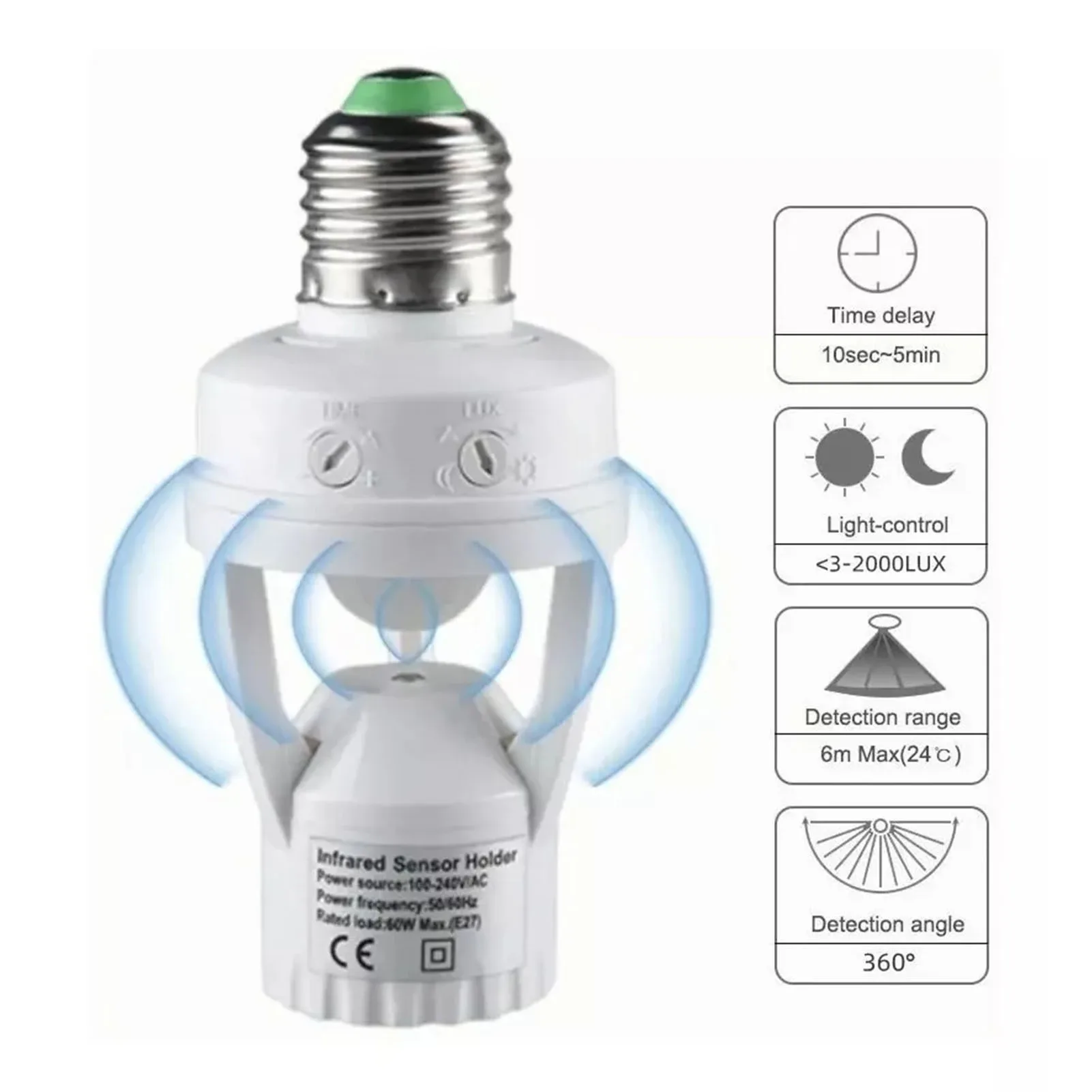 Motion Activated Light Bulb Holder 100-240V Induction Adjustment E27 Sensor Lights Socket 10‑300 Second Delay Time for Garage
