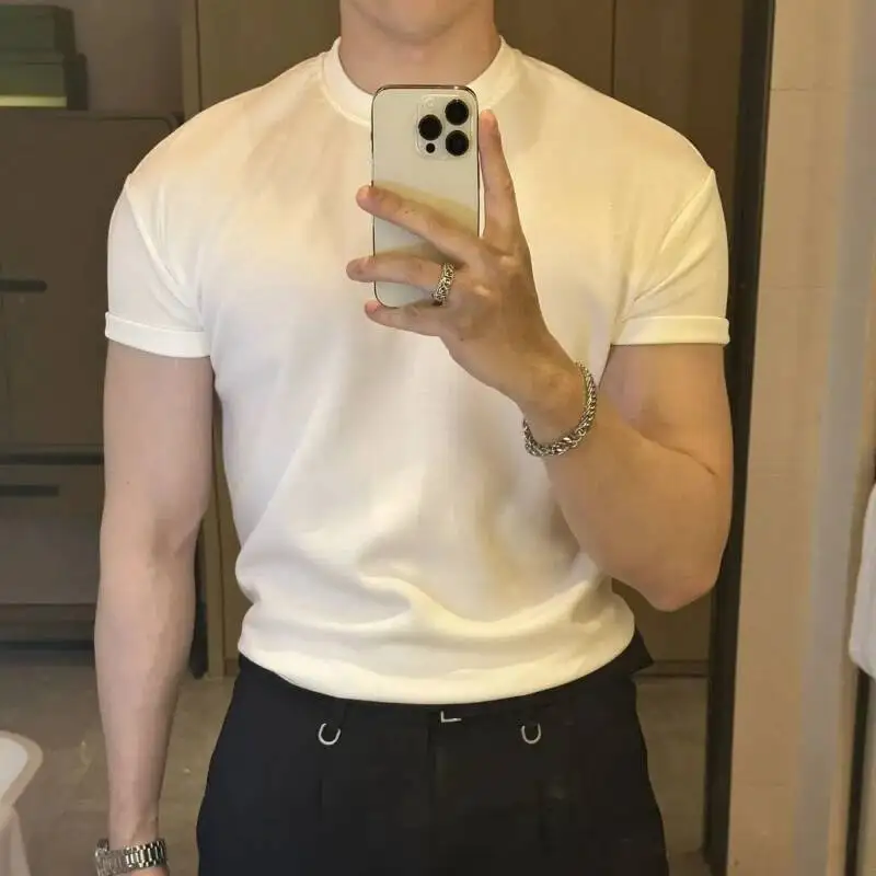 

Ice-Sensing Air Layer Ultra-Thin Quick-Drying Round Neck Shoulder-Retching Sleeves Elastic Smooth Cool Short-Sleeved T-Shirt