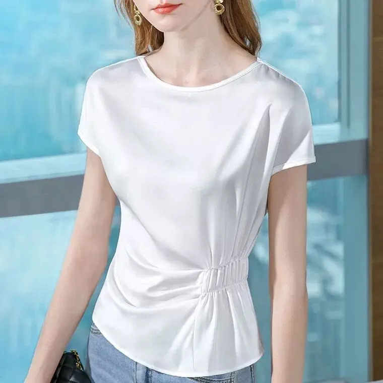 New Fashion White Raglan Sleeve Acetate Satin Shirt plus size 6XL 7XL candy color tops all-match street wear ice silk blouse