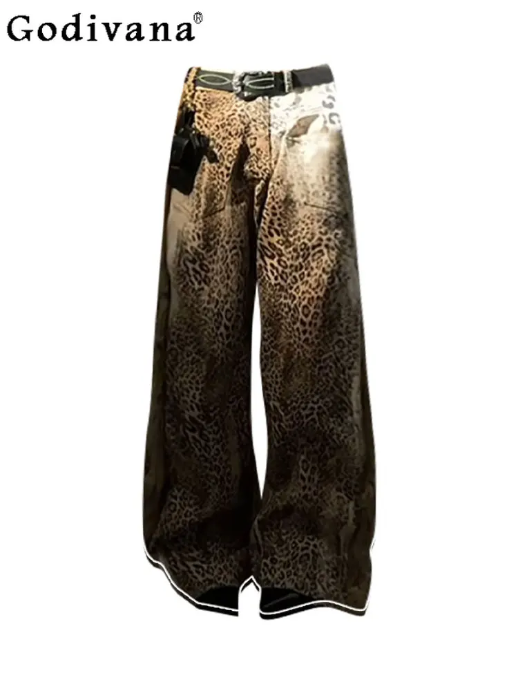 

Большие размеры, европейские и американские милые крутые уличные свободные джинсы с леопардовым принтом, женские 2320, новые универсальные широкие брюки с высокой талией