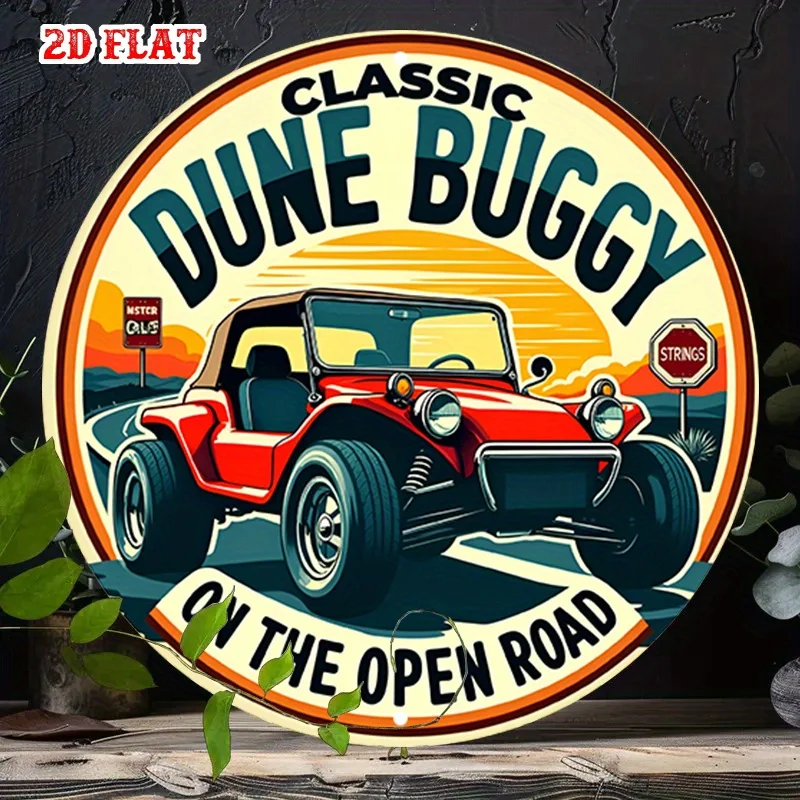 Classic Dune Buggy Retro Round Metal Sign, Vintage Off-Road Car Wall Decor for Garage & Man Cave
