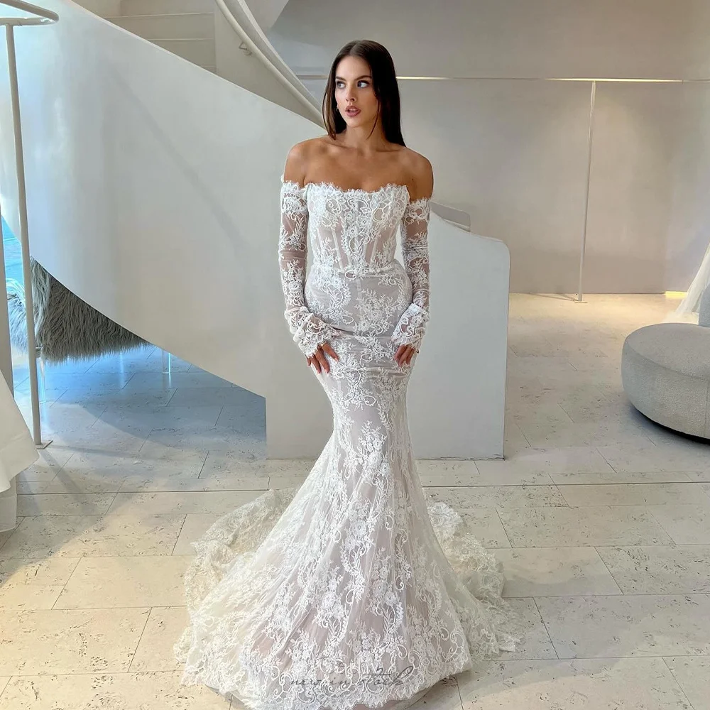 Cathy White All Lace Appliques Off the Shoulder Wedding Dresses Customized vestidos de fiesta Mermaid Long Train Party Dress