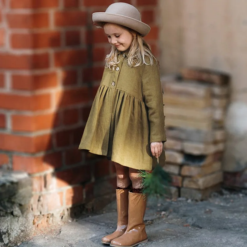 

Fashion Autumn Baby Girls Shirts Blouses Green Peter Pan Collar Trench Patchwork Pleated Dresses Single Breasted Coats Cardigans