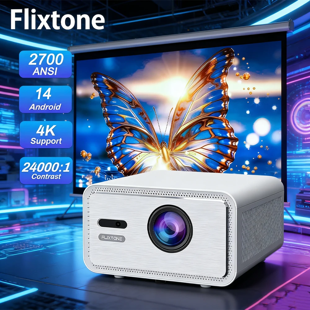 

Проектор Flixtone D9W Mini Pro на Android 14, Full HD 1080P, 4K, 2700 ANSI люмен, для фильмов, Smart TV, видео, LED, домашний кинотеатр