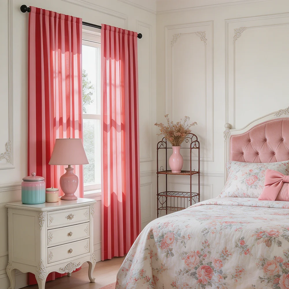 Modern Pink And Red Striped Curtains - Light Filtering Metal Eyelet Curtains for Living Room And Bedroom Machine Washable Elegan