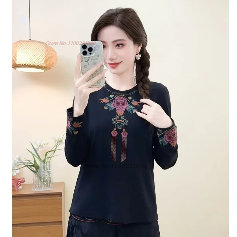 

2025 chinese improved folk t-shirt national flower embroidery vintage hanfu tops traditional streetwear retro o-neck base shirt