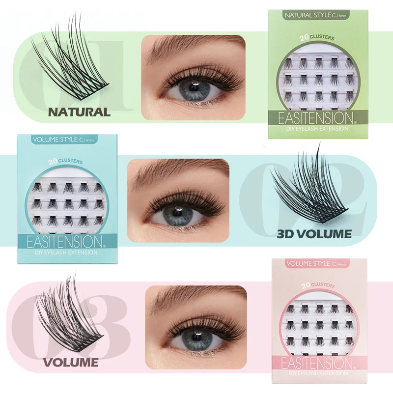 EASITENSION DIY Eyelash Extension 80 PCS Cluster Lashes Natural Volume Individual Lash Clusters Wisps Fluffy Russian Mink Bundle