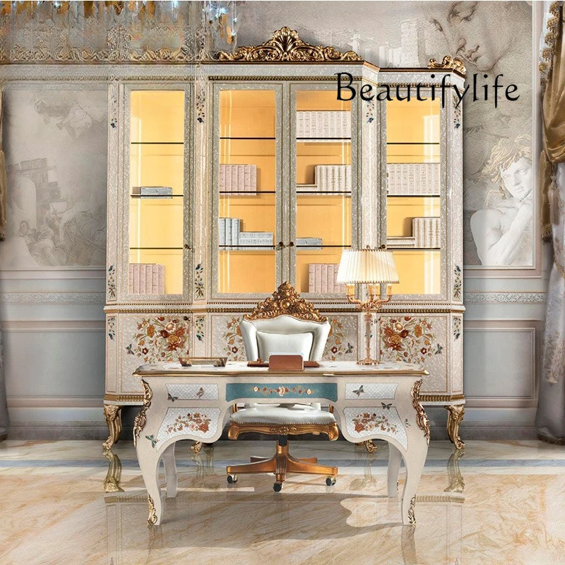 

French solid wood carving desk European bookcase desk shell parquet villa study furniture
