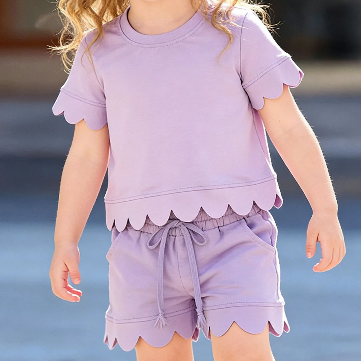 

Toddler Baby Girl Short Sleeve Lavender Shirt Pockets Shorts Scallop Clothes Sets 2Pcs Cute Kids Pajamas Set Children Clothing