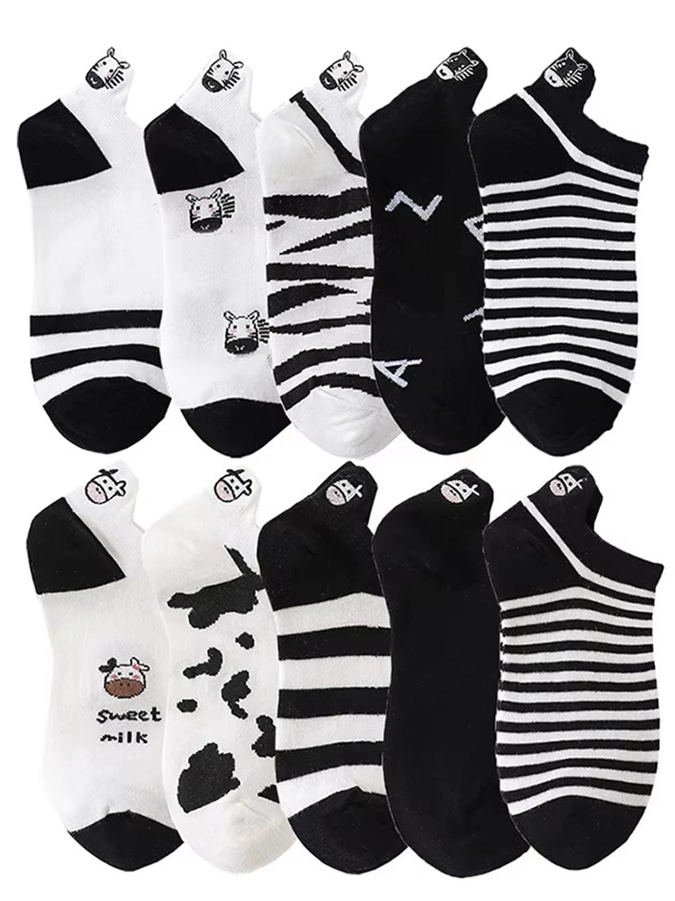 

5/10 Pair Cow Print Women Socks Stripe Short Shallow Mouth Cute Animal Embroidery Soft Comfortable College Style Socks Female
