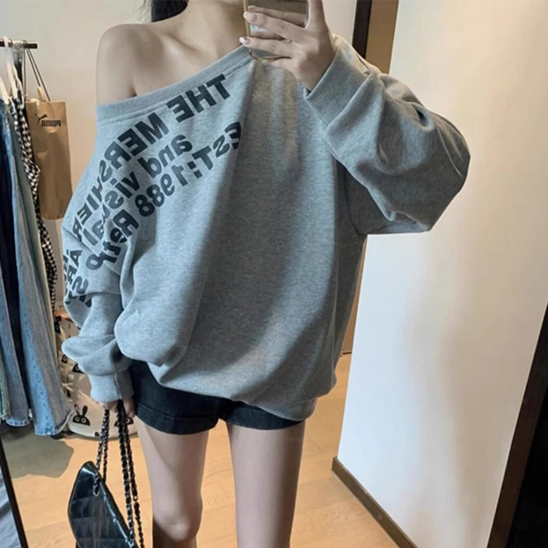 American Slant Shoulder Sweatshirt Women Loose Hip Hop Street Letter Printed Cray Pullover Spring Autumn Lazy Chic Studern Top