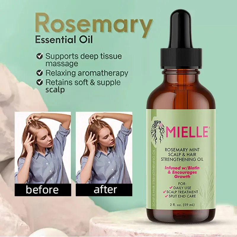 Aceite esencial para el crecimiento del cabello, Aceite Esencial Hidratante de romero, menta, tratamiento de refuerzo, orgánico seco, puntas abiertas, 59ml