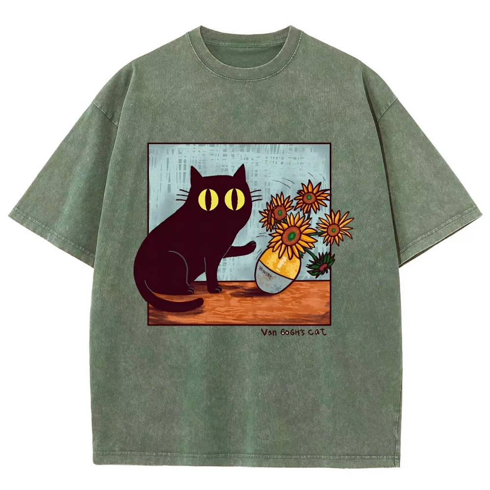 Cartoon Kitten Chrysanthemum Vase Print T-Shirt Round Neck Washed Shoulder Designer 2025 New Trendy Fashion Short Sleeves image 6