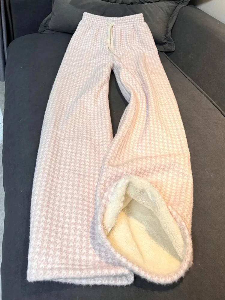 

Женские розовые брюки в клетку, зимние, плюшевые, милые, в стиле преппи, свободные, повседневные, модные, простые, в корейском стиле, с высокой талией, прямые, широкие штанины