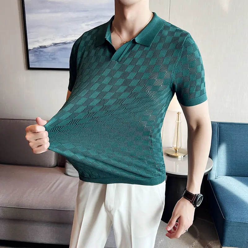 Men Polo Shirt 2023 Summer New Thin Ice Silk Elastic Casual Slim Fit Knitted Short Sleeve Polo Shirts British Style Men Clothing