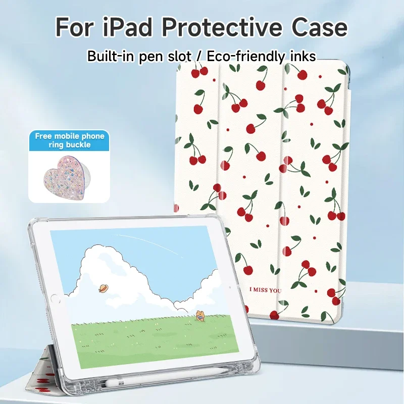 

Tri-fold bracket case with finger ring, suitable for iPad 7/8/9/10/11th, iPad Air 4/5/6/7, mini, iPad 9.7/10.2/10.5/10.9/12.9