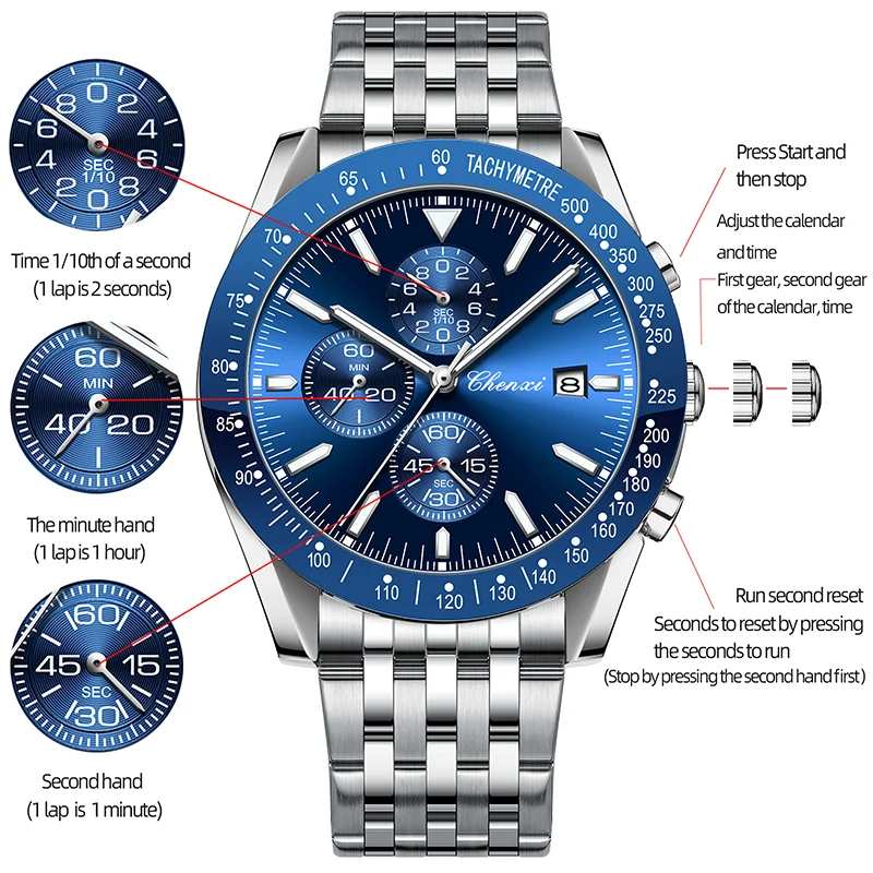 New CHENXI Casual Multi-function Men's Watches Waterproof Chronograph Luminous Outdoor Stainless Steel Strap Men's Wristwatch