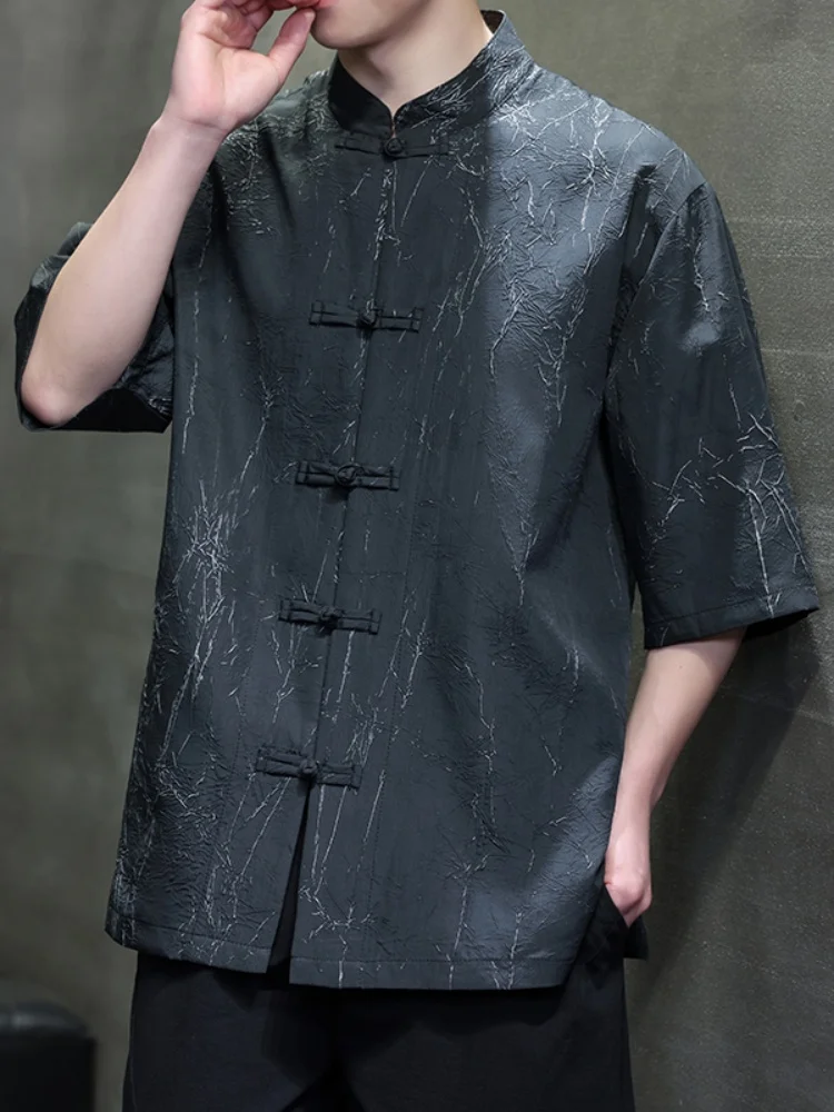 

Loose Casual Short Sleeve Men's T-shirt Breathable Summer New Style Flat Button 3D Pressed Flower Chinese Style Top