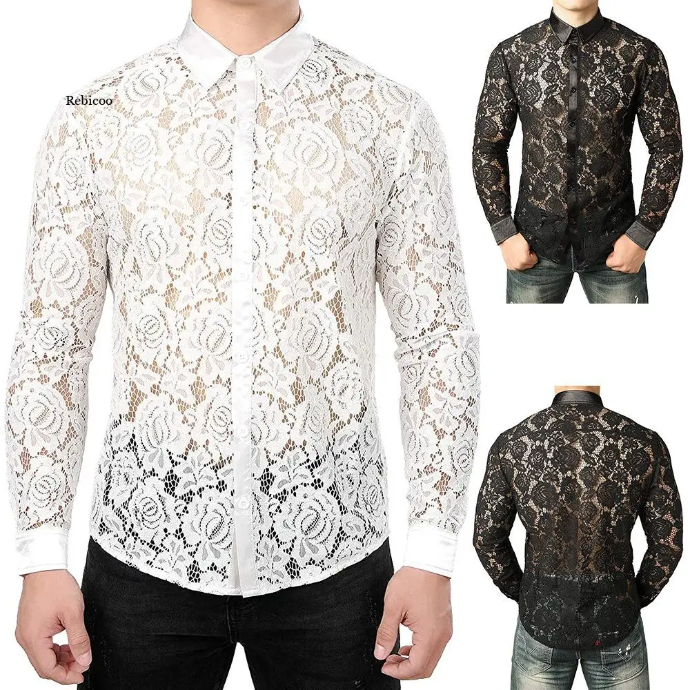 

Men's Sexy Fishnet Button Down Shirt Long Sleeve Nightclub Style Mesh See Through Dress Shirts Party Event Lace Sheer Blouse