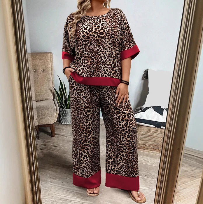 

Two Piece Set Women Outfit 2025 Spring Leopard Print Round Neck Loose Top & Casual High Waist Pocket Straight Leg Pants Set