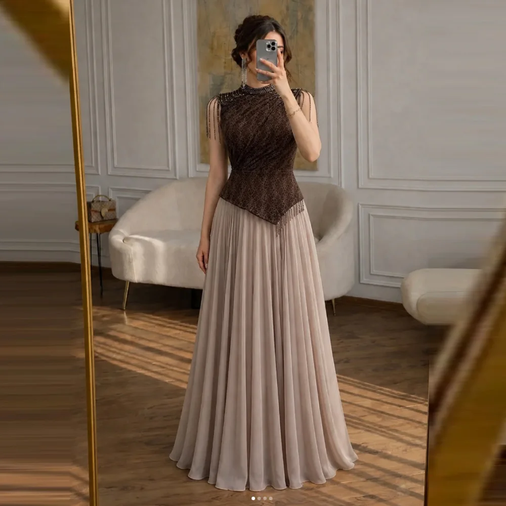 

Customized Dubai Style Brown Beaded Top Nude Chiffon Evening Dress High Neck Tassel Floor Length Formal Gown