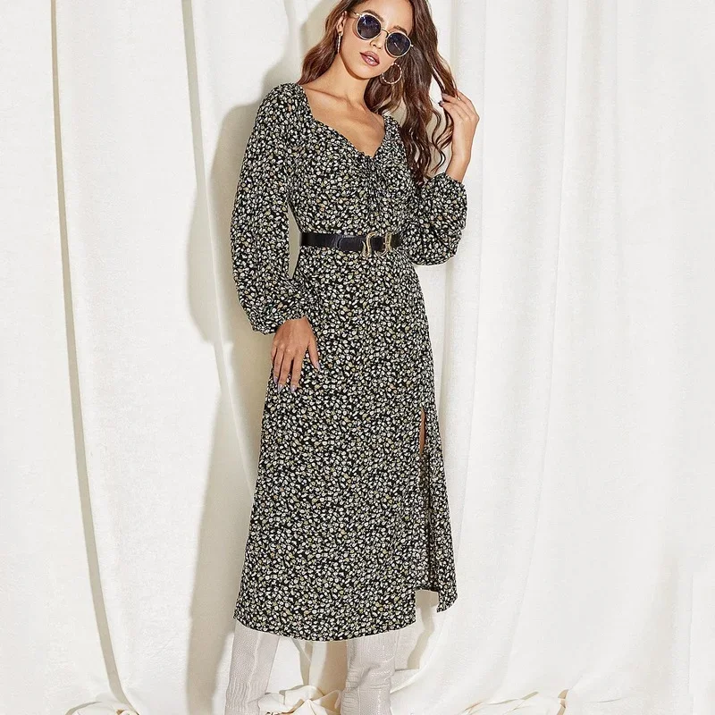Retro V-Neck Long Sleeve Floral Dress Spring Autumn Women Sexy Split Dresses Office Lady Black Elegant High Waist Princess Dress