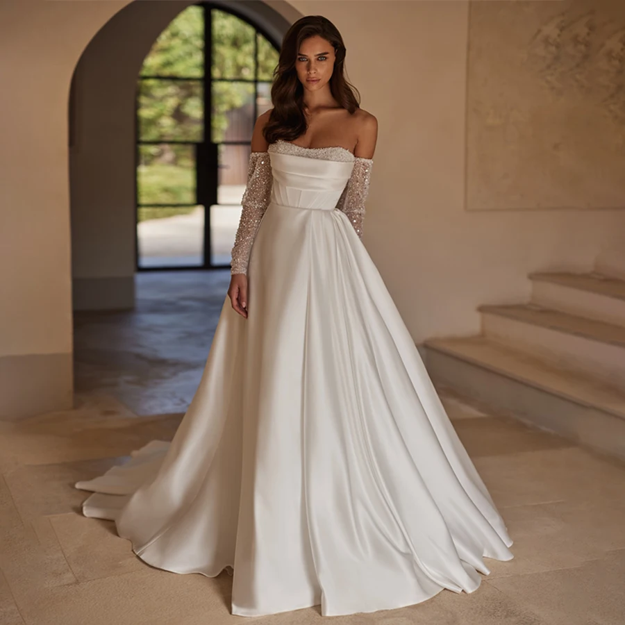 

Customized Off-Shoulder Removable 3/4 Sleeve Wedding Gown A-Line Front Split Evening Dress Backless Lace Up Corset Bridal Gown
