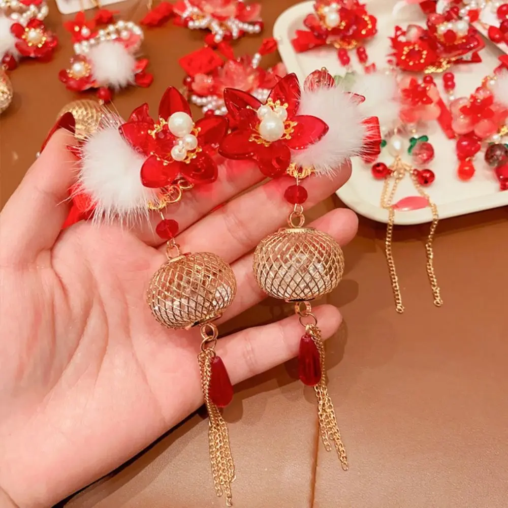 شرابة الأطفال دبوس الشعر الأحمر القوس القماش Hanfu دبوس الشعر أغطية الرأس القديمة فتاة إكسسوارات الشعر السنة الصينية الجديدة أغطية الرأس الطفل #4