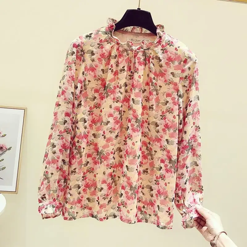 Pink Floral Printing Chiffon Elegant Chic Pullover Loose Long Sleeve Women\'s Blouse Shirt Female Clothing Tops 2024 Fashion