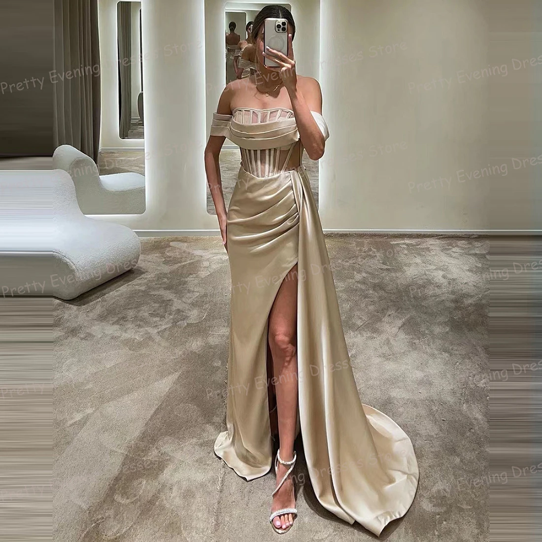 Luxe Holle Sexy Avondjurken Vrouw Mouwloze Off-Shoulder Zeemeermin Prom Volwassen High Split Fashion Satijnen Vestido 2024