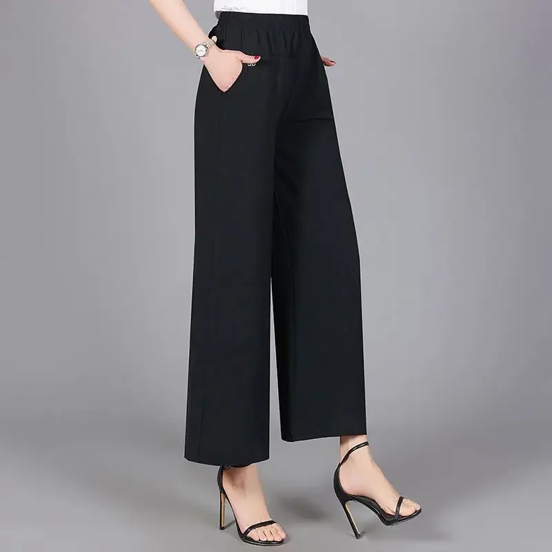 

Spring and Autumn Women's Elastic High Waist Solid Shirring Pocket Rivet Wide Leg Straight Trousers Fashion Casual Loose Pants