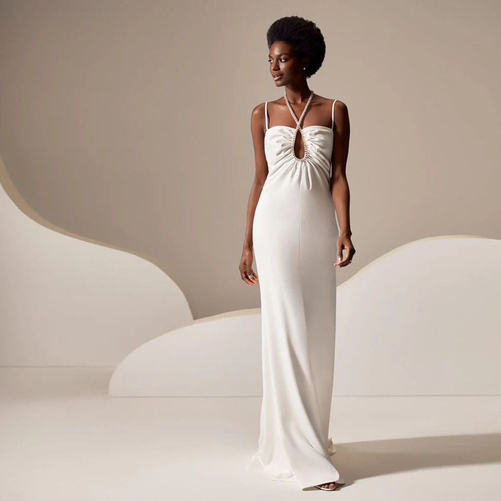 

Mermaid Wedding Dress White Spaghetti Straps Floor Length Sleeveless Cut-Out Simple Backless Bridal Gown Robe De Mariee Custom