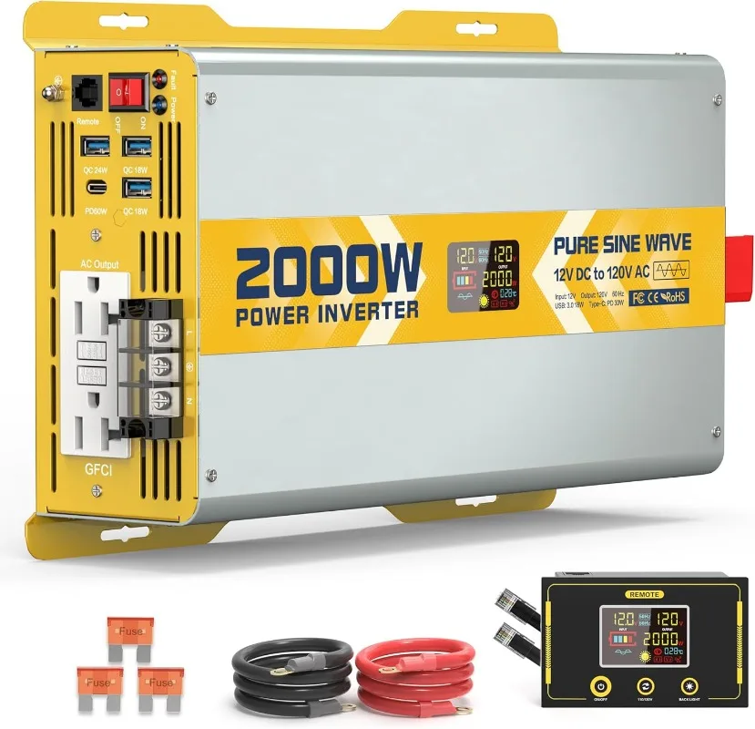 2000W 순수 사인파 전력 인버터 12V DC에서 120V AC로 변환기 LCD 디스플레이 리모컨 포함 태양광 RV 트럭 가정용