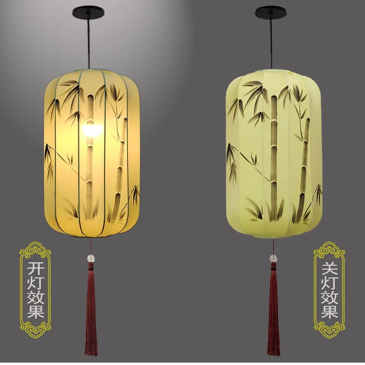 

Mei Lan Zhu Ju Hand-painted Pattern Fabric Chandelier, Long Wax Gourd Lamp